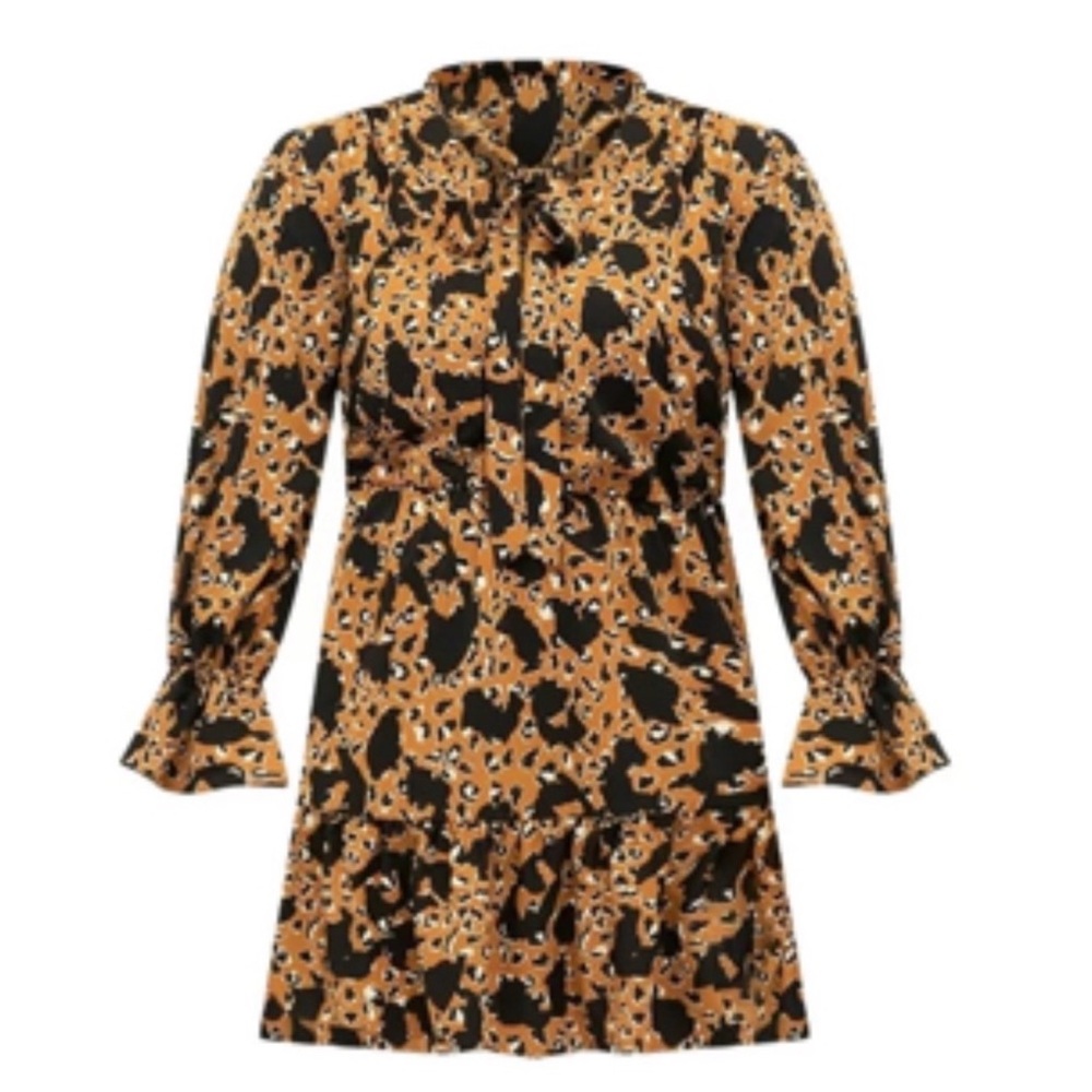 Eloquii Tan and Black Leopard-Print Tie-Neck Long Sleeve Dress